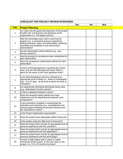 CHECKLIST FOR PROJECT REVIEW INTERVIEWS
Yes
No
N/A
S.No.
Project Planning
1
2
3
4
5
6
7
8
9
Is there a detailed schedule in p