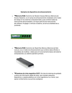 Ejemplos de dispositivos de almacenamiento 
 
Memoria RAM: Acrónimo de Random Access Memory (Memoria de 
Acceso Aleatorio),