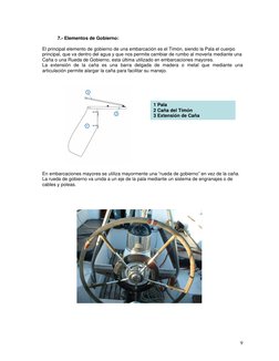 9
 
 
7.- Elementos de Gobierno:  
 
El principal elemento de gobierno de una embarcación es el Timón, siendo la Pala el cu