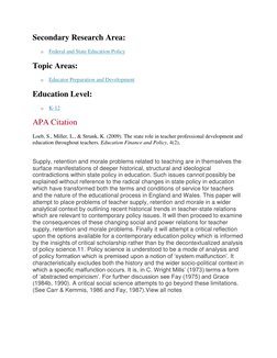 Secondary Research Area: 
o Federal and State Education Policy 
Topic Areas: 
o Educator Preparation and Development 
Educati