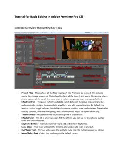 Tutorial for Basic Editing in Adobe Premiere Pro CS5 
 
Interface Overview Highlighting Key Tools 
 
- 
Project Files – This