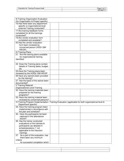 Checklist for Training Process Audit 
Page X of Y 
 
DD/MM/YY 
 
 
 
 
 
 
III Training Organization Evaluation 
(for Organiz