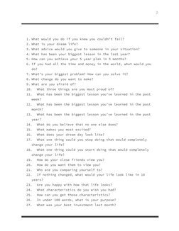 2 
 
 
1. What would you do if you knew you couldn’t fail? 
2. What is your dream life? 
3. What advice would you give to som