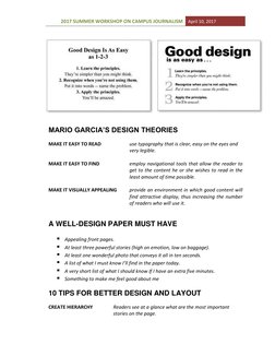 2017 SUMMER WORKSHOP ON CAMPUS JOURNALISM April 10, 2017 
 
 
  
 
 
 
 
 
 
 
MARIO GARCIA’S DESIGN THEORIES 
 
MAKE IT EASY