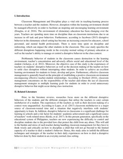 1 | D i s r u p t i o n :  C l a s s r o o m  M a n a g e m e n t  a n d  D i s c i p l i n e   
 
I. Introduction 
  
 
 
Cl