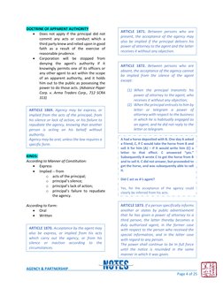AGENCY & PARTNERSHIP 
 
 
Page 4 of 25 
DOCTRINE OF APPARENT AUTHORITY 
• 
Does not apply if the principal did not 
commi
