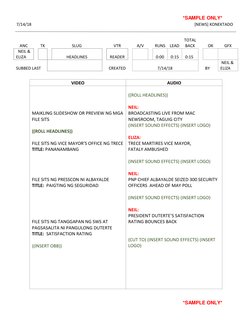 *SAMPLE ONLY* 
7/14/18 
[NEWS] KONEKTADO 
 
 
 
ANC 
TK 
NEIL & 
ELIZA 
 
SUBBED LAST 
 
SLUG 
 
HEADLINES 
 
VTR 
 
READER