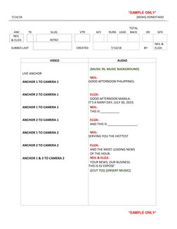 *SAMPLE ONLY* 
7/14/18 
[NEWS] KONEKTADO 
 
 
 
ANC 
TK 
NEIL 
& ELIZA 
 
SUBBED LAST 
 
SLUG 
VTR 
 
INTRO 
 
CREATED 
TOTAL