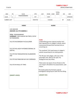 *SAMPLE ONLY* 
7/14/18 
[NEWS] KONEKTADO 
 
 
 
ANC 
TK 
 
ELIZA 
1 
 
SUBBED LAST 
 
SLUG 
PANANAMBANG 
 
VTR 
 
SOT 
 
CREA