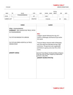 *SAMPLE ONLY* 
7/14/18 
[NEWS] KONEKTADO 
 
 
 
ANC 
TK 
 
ELIZA 
1 
 
SUBBED LAST 
 
SLUG 
PANANAMBANG 
 
VTR 
 
SOT 
 
CREA