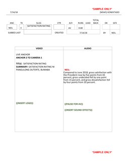 *SAMPLE ONLY* 
7/14/18 
[NEWS] KONEKTADO 
 
 
 
ANC 
TK 
 
NEIL 
3 
 
SUBBED LAST 
 
SLUG 
SATISFACTION RATING 
 
VTR