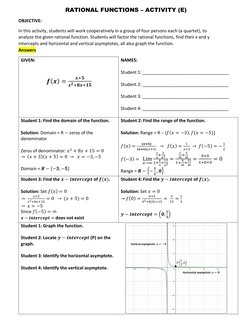 RATIONAL FUNCTIONS – ACTIVITY (E) 
OBJECTIVE: 
In this activity, students will work cooperatively in a group of four persons