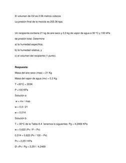 El volumen de O2 es 2.06 metros cúbicos 
La presión final de la mezcla es 203.36 kpa. 
 
Un recipiente contiene 21 kg de aire