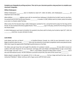 Complete your biography by writing was/were. Then ask to your classmate question using was/were to complete your 
classmate’s