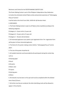 Mechanics and Criteria for the POSTER MAKING CONTEST 2016 
This Poster Making Contest is part of the Philippine Independence