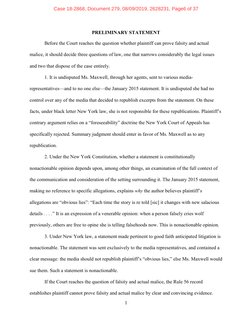 1 
 
PRELIMINARY STATEMENT 
Before the Court reaches the question whether plaintiff can prove falsity and actual 
malice, it