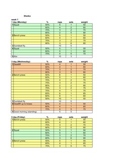 Sheiko
week 1
1 day (Monday)
%
reps
sets
weight
1 Squat
50%
5
1
50
60%
4
2
60
70%
3
2
70
80%
2
5
80
2 Bench press
50%
5
1
50