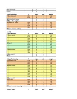 4 Dumbbell fly
10
5
5 Abs
10
3
6 day (Saturday)
%
reps
sets
weight
1 Deficit deadlift
50%
3
2
50
60%
3
4
60
2 Incline Bench p