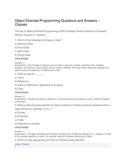 Object Oriented Programming Questions and Answers – 
Classes 
This set of Object Oriented Programming (OOPs) Multiple Choice