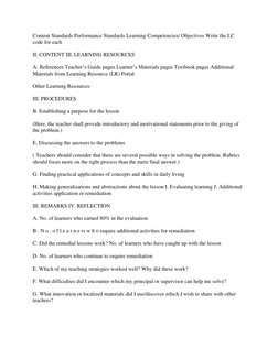 Content Standards Performance Standards Learning Competencies/ Objectives Write the LC 
code for each 
II. CONTENT III. LEARN