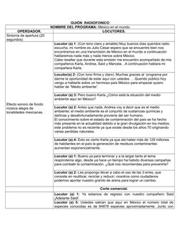 GUIÓN  RADIOFONICO
NOMBRE DEL PROGRAMA: México en el mundo
OPERDADOR.
LOCUTORES.
Sintonía de apertura (20 
segundos)
Efecto s