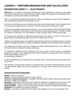 LESSON 5 – PERFORM MENSURATION AND CALCULATION 
INFORMATION SHEET 1.1 - ELECTRONICS 
Electronics - is a branch of technology