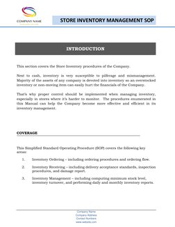 Company Name 
Company Address 
Contact Numbers 
www.website.com 
STORE INVENTORY MANAGEMENT SOP 
N 
 
INTRODUCTION