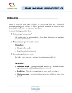 Company Name 
Company Address 
Contact Numbers 
www.website.com 
STORE INVENTORY MANAGEMENT SOP 
GUIDELINES 
 
Items /