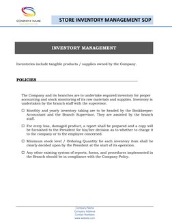Company Name 
Company Address 
Contact Numbers 
www.website.com 
STORE INVENTORY MANAGEMENT SOP 
 
 
INVENTORY MANAGEME