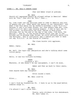 SCENE 3 - MR. HALL’S DEBATE CLASS
Cher and Amber stand at podiums.
MR. HALL
Should all oppressed people be allowed refuge in