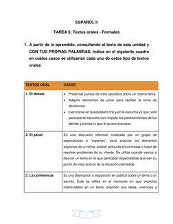 3 
ESPAÑOL II 
TAREA 5: Textos orales - Formales 
 
1. A partir de lo aprendido, consultando el texto de esta unidad y 
CON