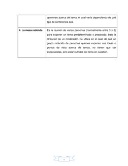 4 
opiniones acerca del tema, el cual varía dependiendo de qué 
tipo de conferencia sea. 
4. La mesa redonda 
Es la reunión