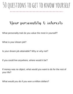 50 questions to get to know yourself
What personality trait do you value the most in yourself? 
What is your dream job? 
Is y