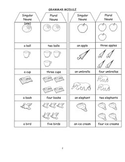 GRAMMAR MODULE
2
Plural
Nouns
      
Singular
Nouns 
(one)
a ball
two balls
       
a cup
three cups
   
     
a book
four bo