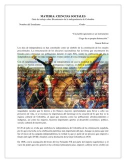 MATERIA: CIENCIAS SOCIALES 
Guía de trabajo sobre Bicentenario de la independencia de Colombia 
 
Nombre del Estudiante: __
