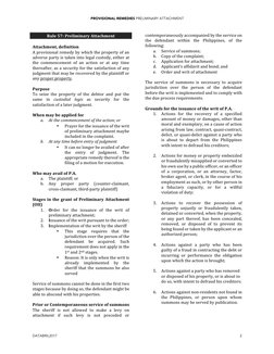 PROVISIONAL REMEDIES PRELIMINARY ATTACHMENT 
DATABRIL2017 
2 
Rule%57:%Preliminary%Attachment%
!
Attachment,%definition%
A!pr