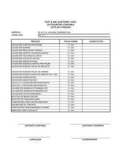 FAST & ABS AUDITORES LTDA.
OUTSOURCING CONTABLE
LISTA DE CHEQUEO
EMPRESA 
BF & F S.A. HOLDING CORPORATION
CIERRE MES
Oct-11
P