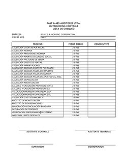 FAST & ABS AUDITORES LTDA.
OUTSOURCING CONTABLE
LISTA DE CHEQUEO
EMPRESA 
BF & F S.A. HOLDING CORPORATION
CIERRE MES
Feb-11
P