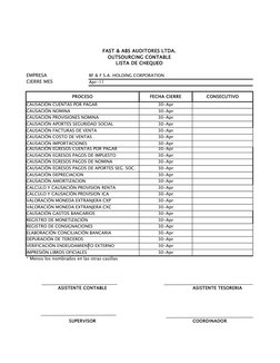 FAST & ABS AUDITORES LTDA.
OUTSOURCING CONTABLE
LISTA DE CHEQUEO
EMPRESA 
BF & F S.A. HOLDING CORPORATION
CIERRE MES
Apr-11
P