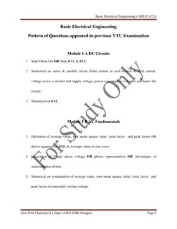 Basic Electrical Engineering (18ELE13/23) 
 
Asst. Prof. Chaitanya K J, Dept. of ECE, JCER, Belagavi.  
Page 1 
 
Basic Ele