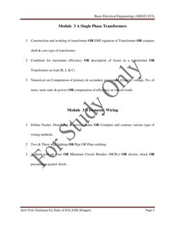 Basic Electrical Engineering (18ELE13/23) 
 
Asst. Prof. Chaitanya K J, Dept. of ECE, JCER, Belagavi.  
Page 3 
 
Module  3