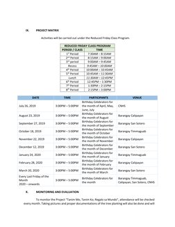 IX. 
PROJECT MATRIX 
 
Activities will be carried out under the Reduced Friday Class Program. 
 
REDUCED FRIDAY CLASS PRO