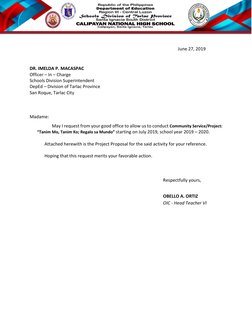 June 27, 2019 
 
DR. IMELDA P. MACASPAC 
Officer – In – Charge  
Schools Division S