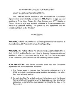 PARTNERSHIP DISSOLUTION AGREEMENT 
 
KNOW ALL MEN BY THESE PRESENTS 
 
This PARTNERSHIP DISSOLUTION AGREEMENT (Dissolution 
A