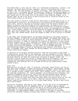 Elon Reeve Musk (; born June 28, 1971) is a technology entrepreneur, investor, and 
engineer. He holds South African, Canadia