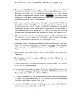 5 
 
9. The unredacted Page-Strzok text messages as well as text messages, emails and other 
electronic communications to, fr