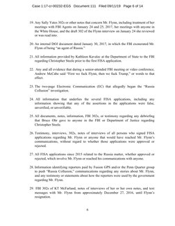 6 
 
19. Any Sally Yates 302s or other notes that concern Mr. Flynn, including treatment of her 
meetings with FBI Agents on