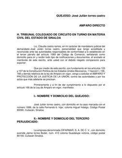 QUEJOSO: José Julián torres castro 
 
 
AMPARO DIRECTO 
 
 
H. TRIBUNAL COLEGIADO DE CIRCUITO EN TURNO EN MATERIA 
CIVIL DEL