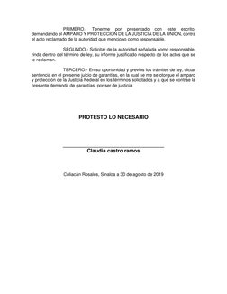 PRIMERO.- 
Tenerme 
por 
presentado 
con 
este 
escrito, 
demandando el AMPARO Y PROTECCIÓN DE LA JUSTICIA DE LA UNIÓN, contr