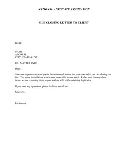 One-page legal file closing letter addressed to a client